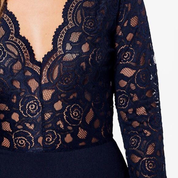 Boohoo Navy Blue  Plunge V Neck Lace Long Sleeve Bodysuit Size 14 - Picture 3 of 10